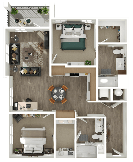 Floor plan for 2 beds, 2 baths, 1049 sqft